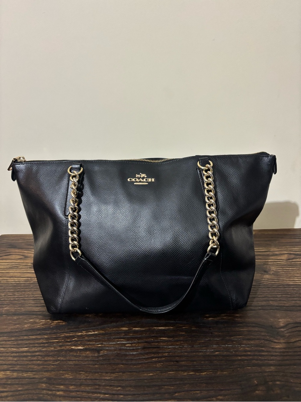 Coach Black Leather Tote with Gold Chain Straps